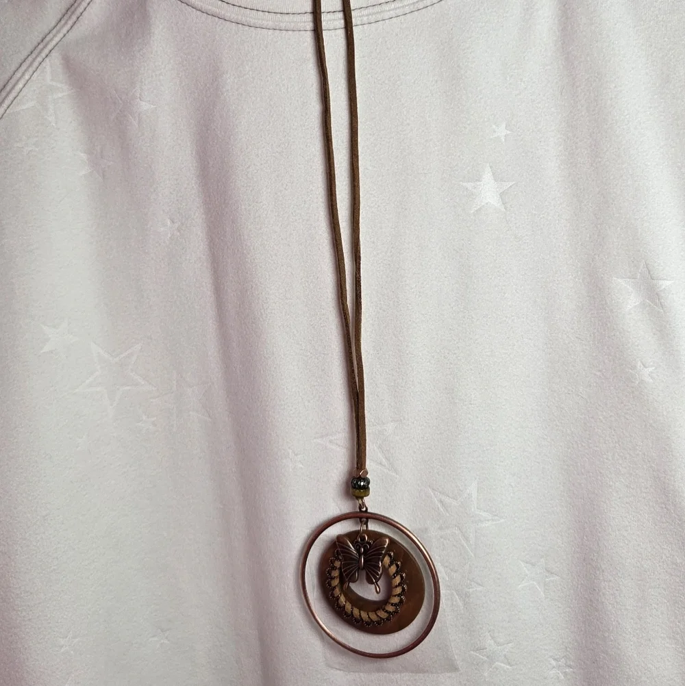 Boho Butterfly Pendant Long Necklace Copper Wood Medallion NWT Suede Jewelry